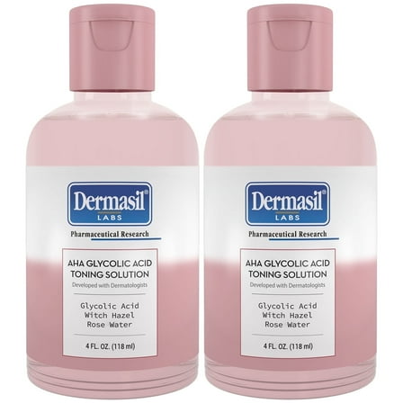 Dermasil AHA Glycolic Acid Toning Solution 2-Pack, Rose Water & Witch Hazel Toner, 4 Oz Ea