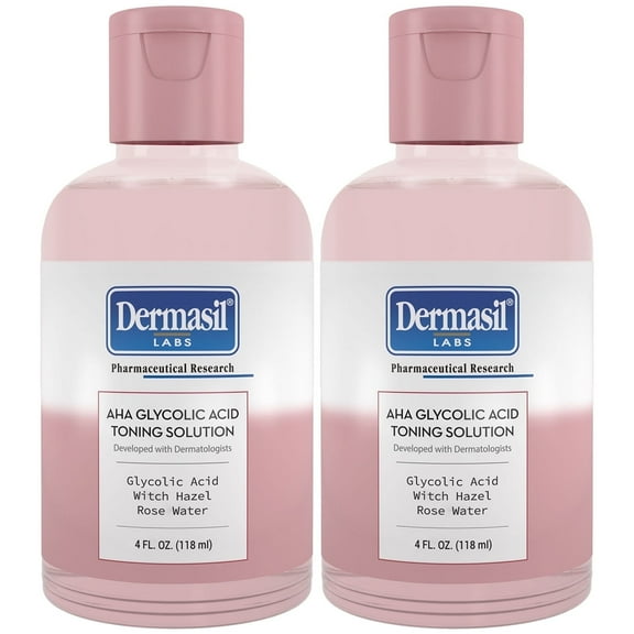 Dermasil AHA Glycolic Acid Toning Solution 2-Pack, Rose Water & Witch Hazel Toner, 4 Oz Ea