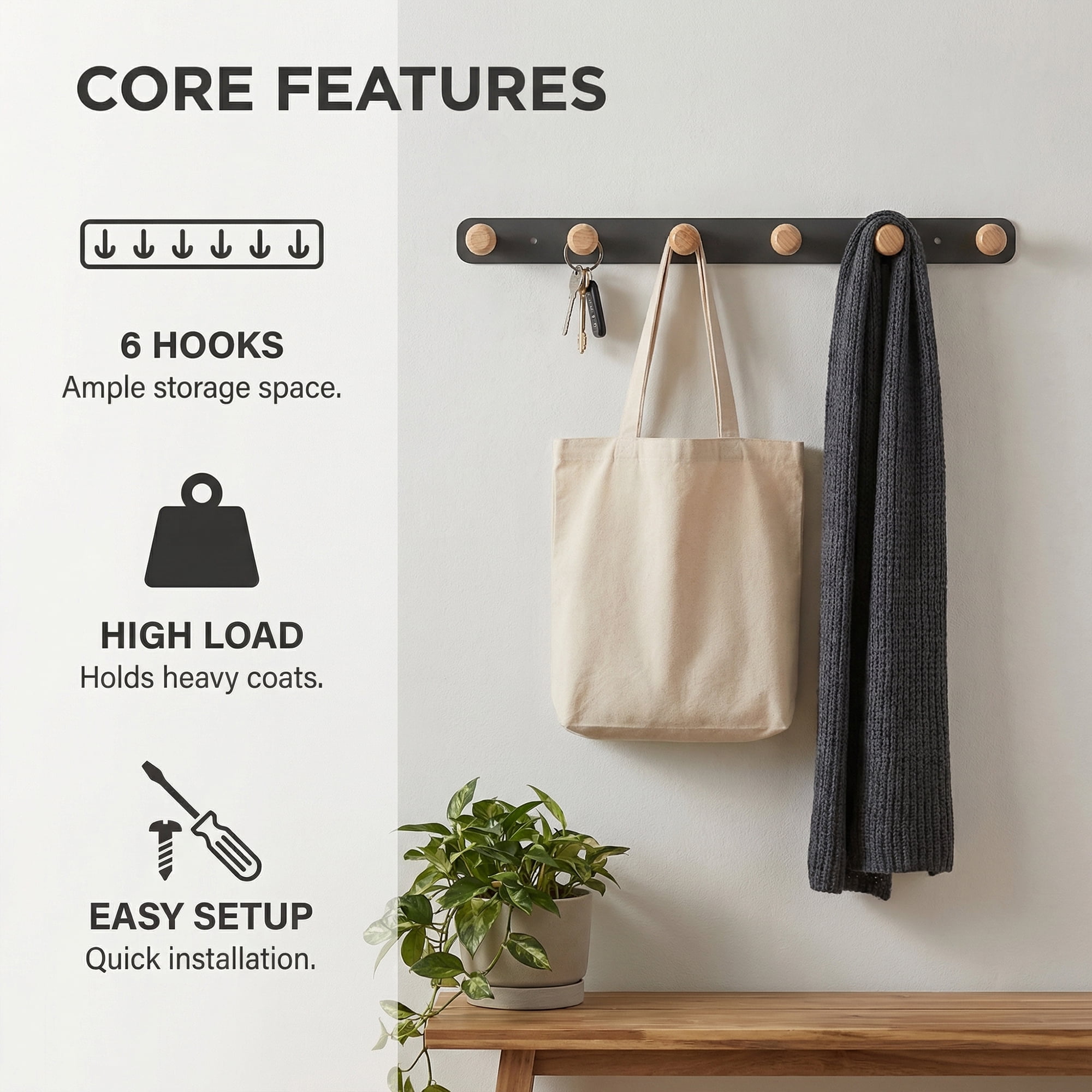 Unique Bargains Coat Rack Wall Mount Aluminum Alloy Wood Hook Hat Rack Gray 17.3"x1.3"