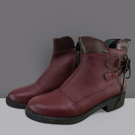 

jsaierl Womens Fashion Splicing Boots Zipper Bandage Women Round Toe Midheel Boots Shoes