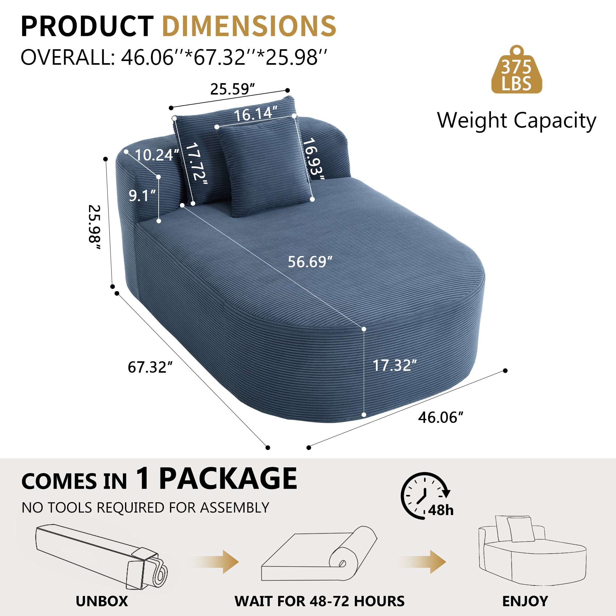 Leumius 68" Chaise Lounge Chair Indoor,Oversized Corduroy Upholstered Boneless Sofa Bed,Deep Seat Sleeper Couch Reading Chairs,Comfy Cloud Sofas Couches for Living Room,No Assembly Required,Blue
