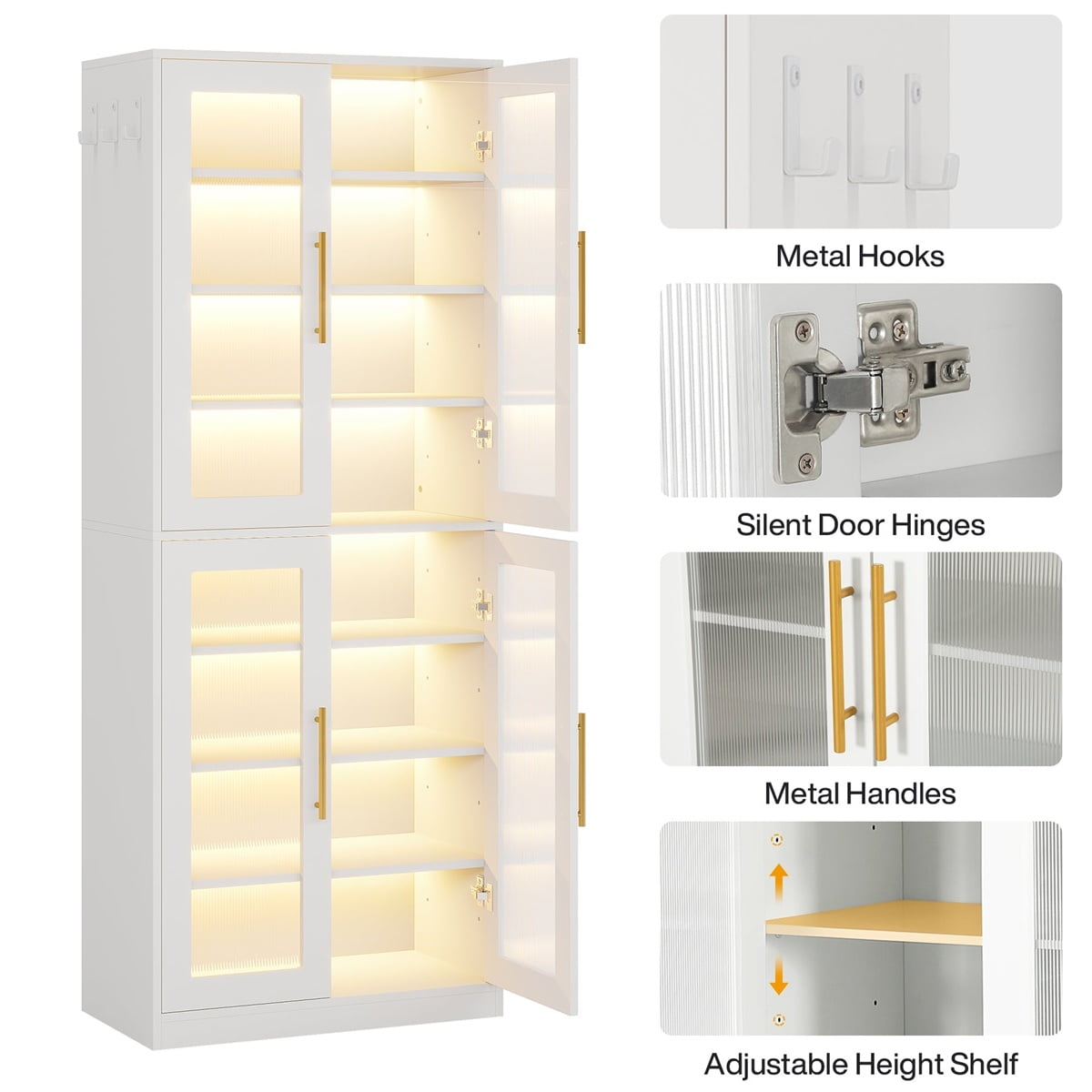 Hommoo 8-Tier Freestanding Tall Shoe Cabinet with Acrylic Doors and LED Lights, 24 Pairs,White
