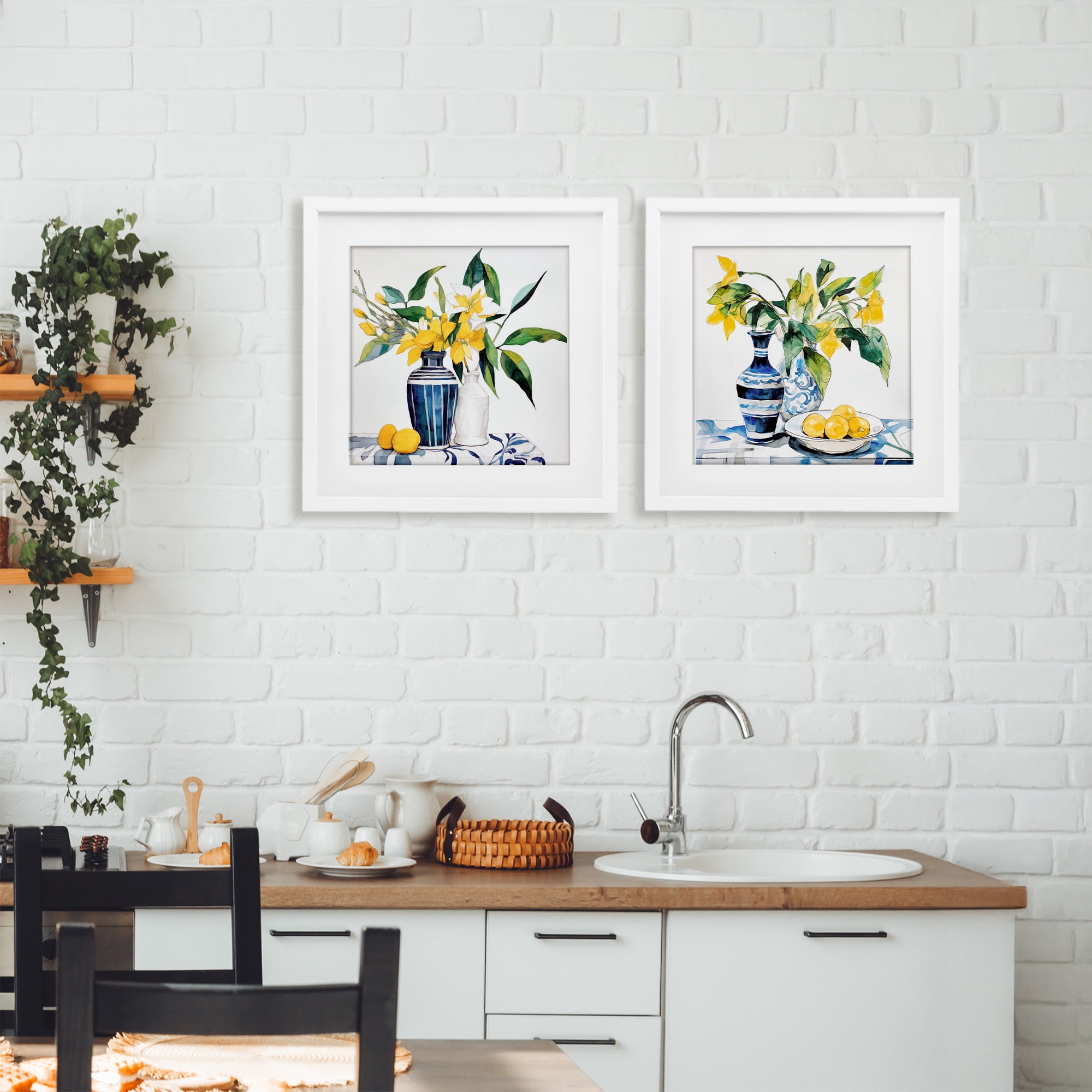 Stupell Industries Lemon Blooms Table Setting 2 Piece White Framed Print Under Glass Set, design by Ray Powers