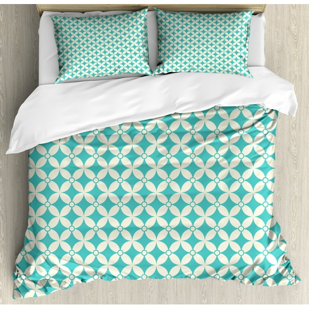 Turquoise Queen Size Duvet Cover Set, Vintage Geometric Pattern with