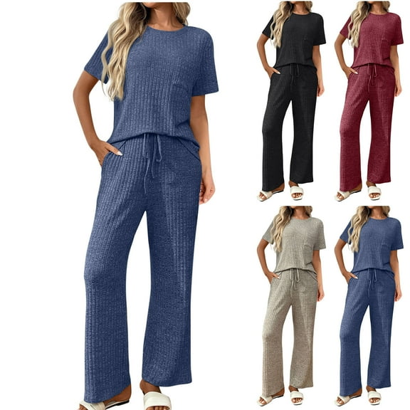 Feancey Lounge Pj Sets for Women Ribbed Knit Sleepwear 2 Piece Short Sleeve Top and Drawstring Pants Macthing Set Solid Color Two Piece Pajamas Black L