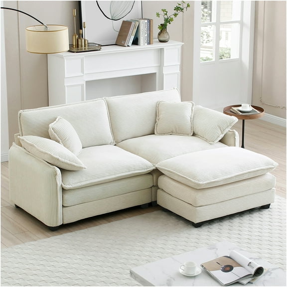 JERFIT Modern L-Shaped 2-Seater Sofa with Ottoman, Small Space Beige Corduroy Loveseat Couch for Living Room, Apartment
