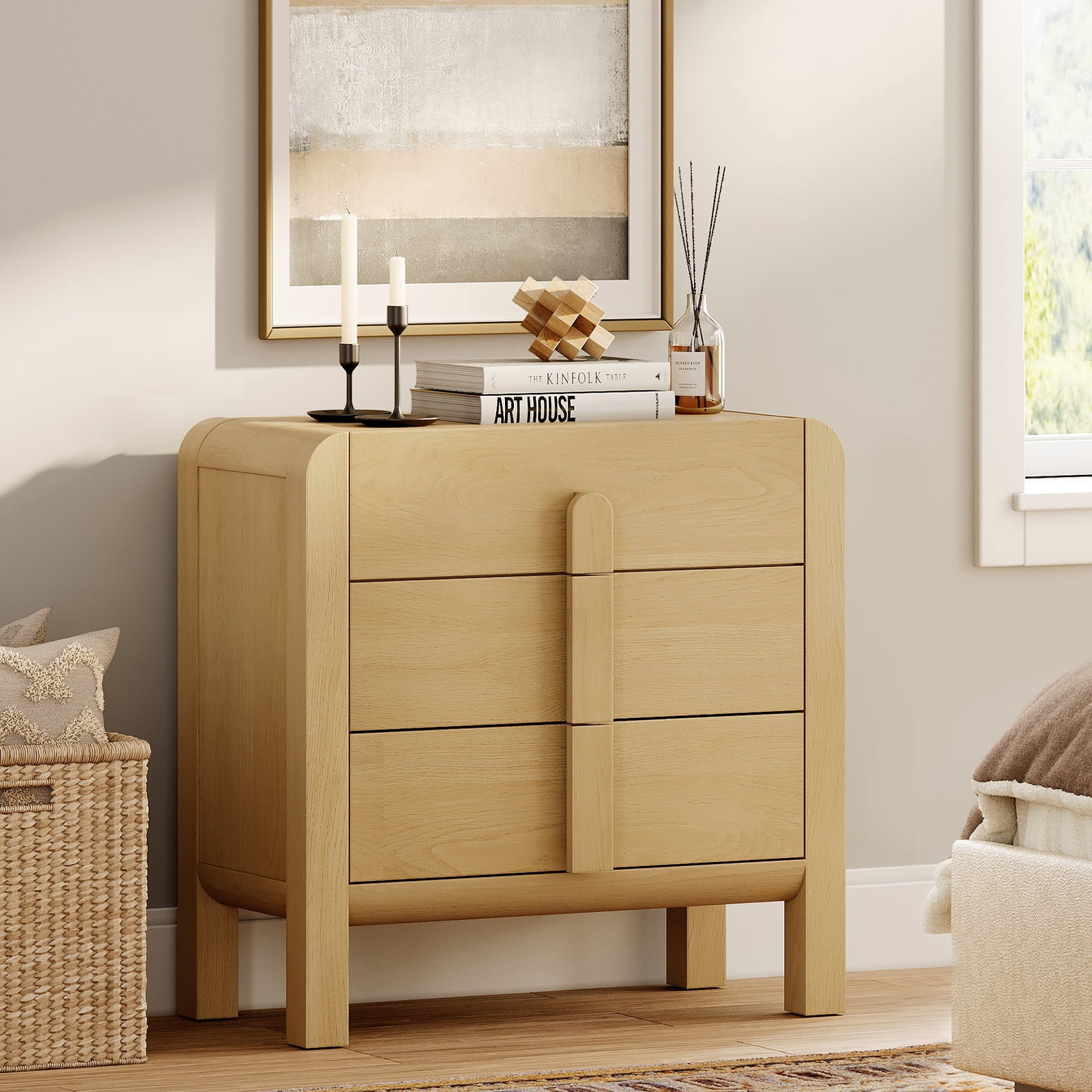 Modern Wood 3-Drawer Dresser with Curved Profile Design, Mid Century Dresser Organizer Storage for Bedroom,Living room, Entryway