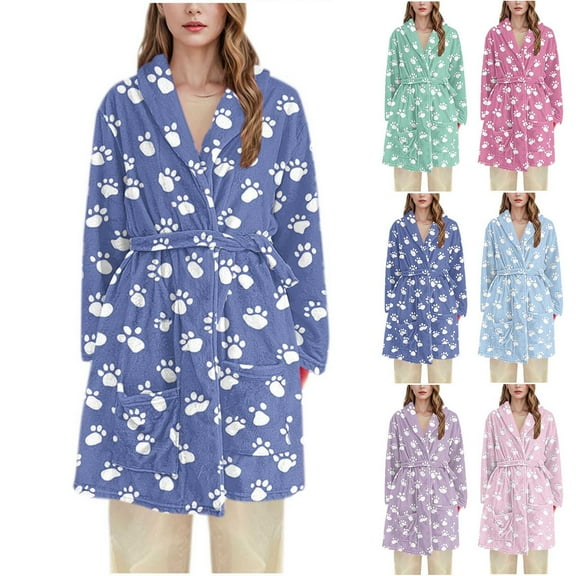 Kilaqueen Womens Flannel Hooded Robes Soft Warm Cute Printed Women Bathrobe with Pockets for Shower House Loungewear Long Sleeve Sleepwear