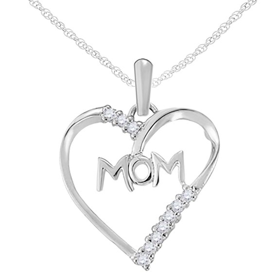 Mauli Jewels Engagement Necklace for Women 0.1 Carat Mom Diamond Pendant Prong 10K White Gold With 18'' White Rhodium Plated Silver Chain|Silver Chain