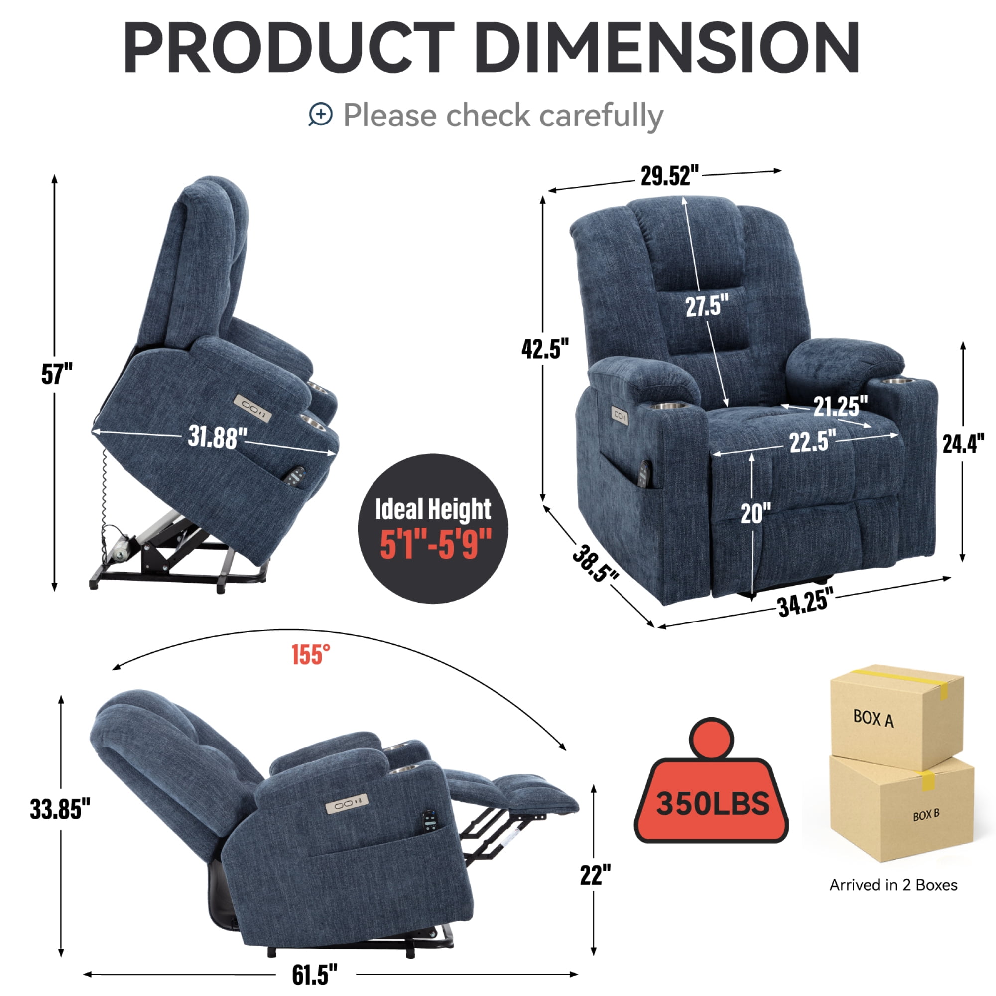 Large Power Lift Recliner Chair with Massage and Heat for Elderly,Chenille Overstuffed Wide Recliners with USB and Type C Ports, 2 Steel Cup Holders,Blue