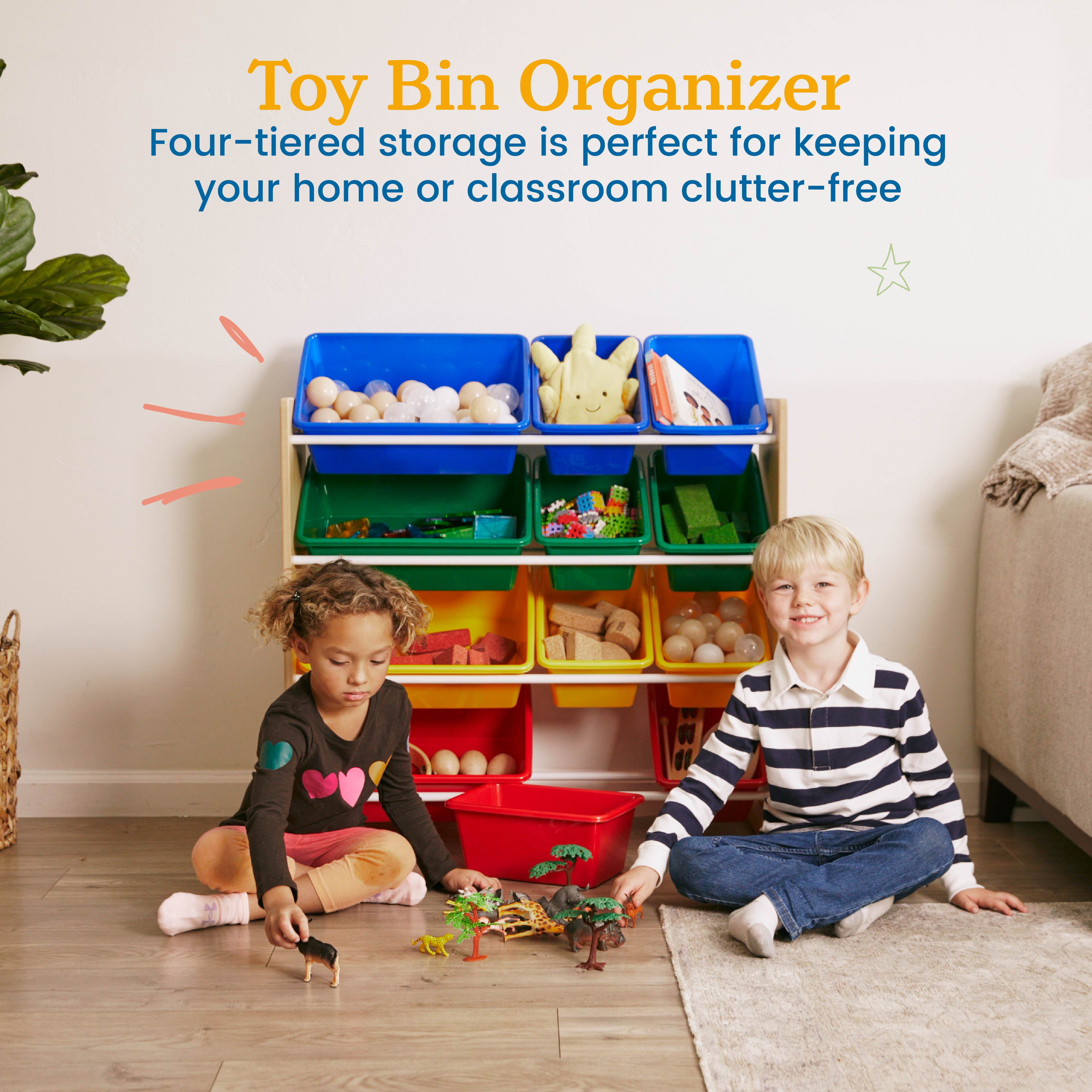 ECR4Kids 4-Tier Organizer with 12 Removable Plastic Bins, 4x3, Toy Storage, Natural/Primary