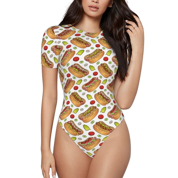 Rateoe Hot Dog 7 Printed Women Rash Guard Short Sleeve,Tummy control Swimsuit Surfing Swimsuit Bathing Suit Short-sleeved Onesie UPF 50 -Small