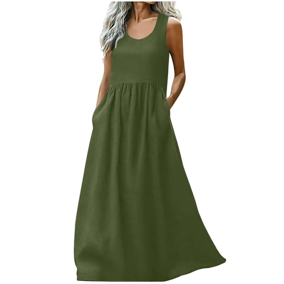 Eawtki Women's Linen Sleeveless Maxi Dress with Pockets Casual Loose Fit Summer Beach Dress