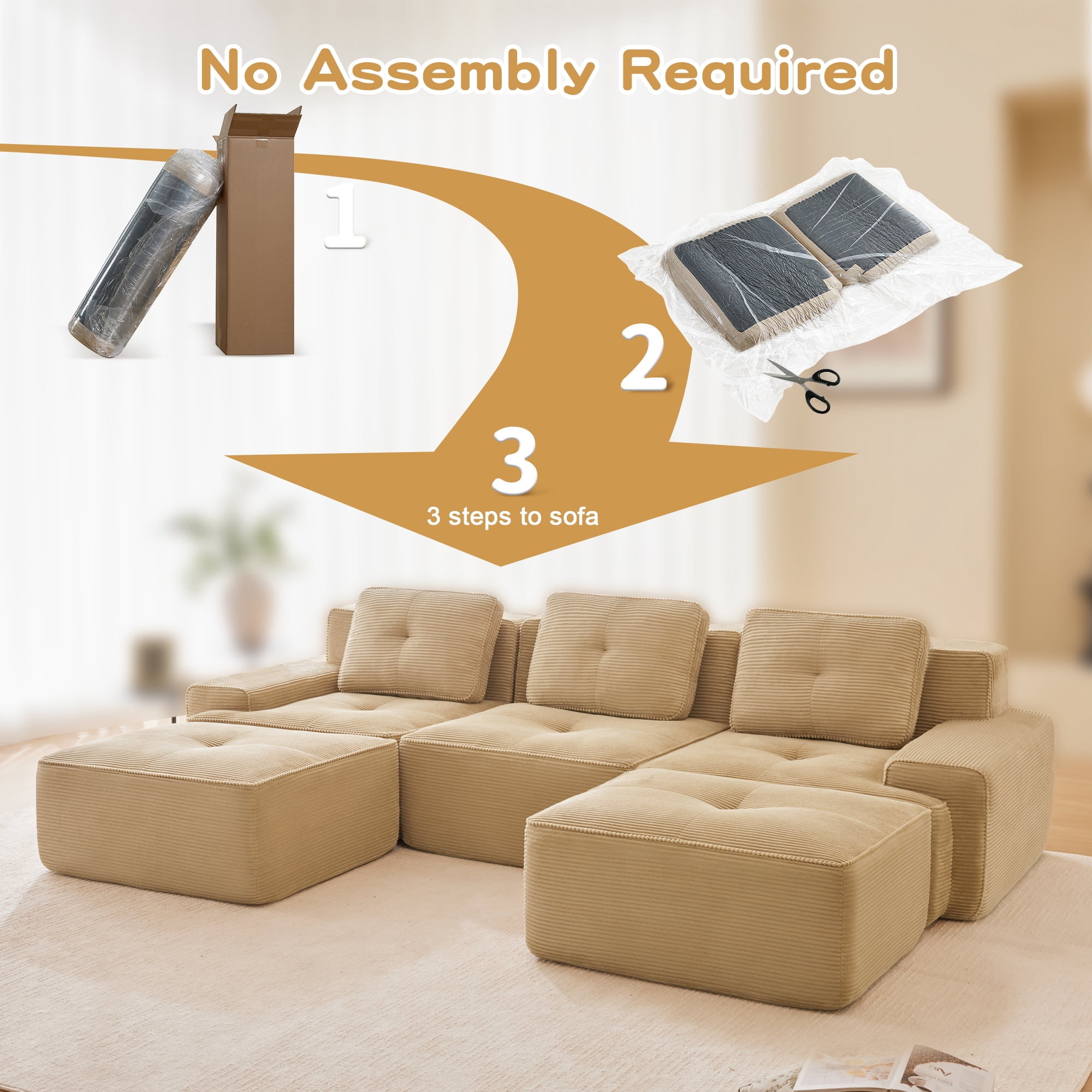 MOONMISS 117" Modern Corduroy Boneless Love Seat Couches with 2 Ottoman, 3 Seater Large Sectional Couches for Living Room, No Assembly，Khaki