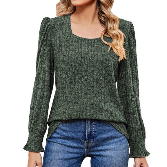 Oalirro Tops for Women 2023 Square Neck Long Sleeve Daily Sloid Top