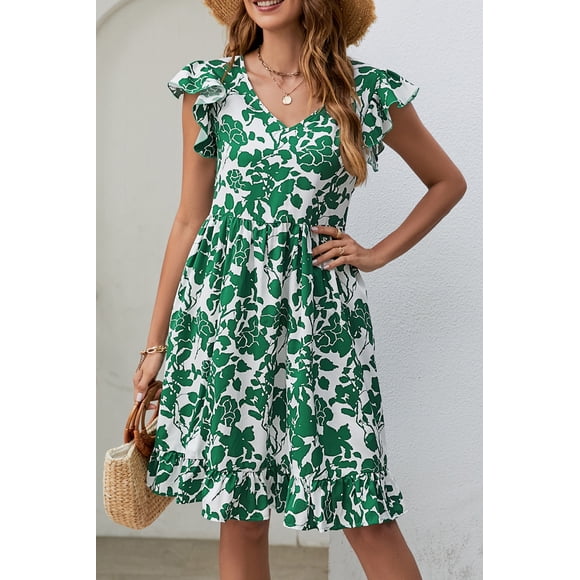 a.Jesdani Elegant Dark Green Leaf Dress - Flutter Sleeves for Flirty Fashion