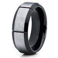 thumbnail image 2 of Silly Kings 8mm Tungsten Carbide Wedding Ring Brush Silver Beveled Edges Black Grooves Band Unisex, 2 of 3