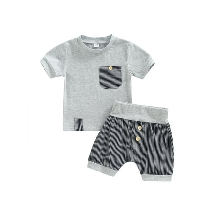 

jaweiw Baby T shirt Striped Shorts Outfits Set for Boys Round Neck Short Sleeve Pocket Decorative Tops + High Waist Shorts Beach Suit Size 0 6 12 18 24 M