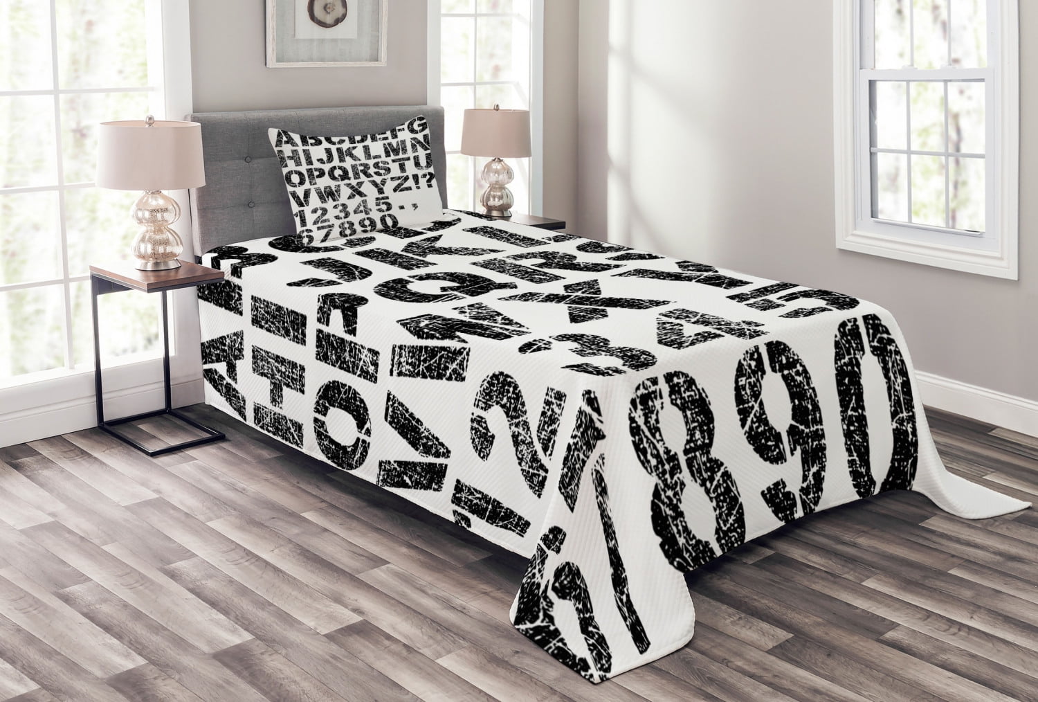 Letters Bedspread Set Twin Size, Alphabet Concept Grunge Stencil