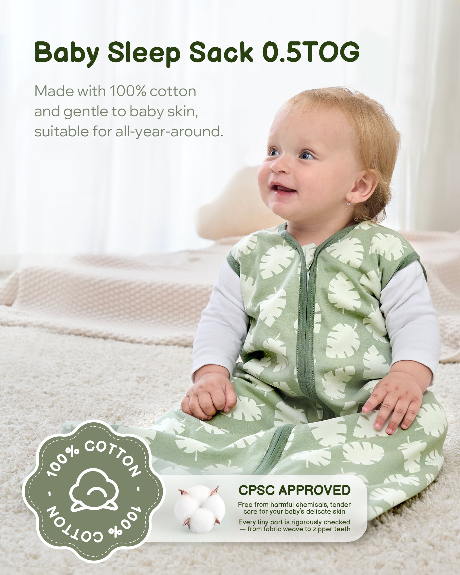 Baby Sleep Sack 6-12 Months, 100% Organic Cotton Wearable Blanket for Babies, 2-Way Zipper TOG 0.5 Lightweight Breathable Baby Sleeping Bag, 4 Sizes-M Leaf＆Green