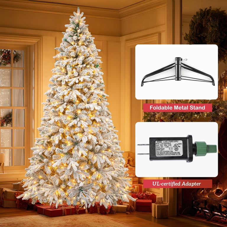 FIRSTNESS 6ft Pre-Lit Snow Flocked Xmas Tree with 300 LED Lights
