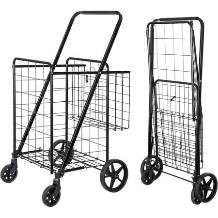 LibMal Lane Folding Shopping Cart with Wheels and Double Basket for Groceries Laundry Book Luggage Travel, Black