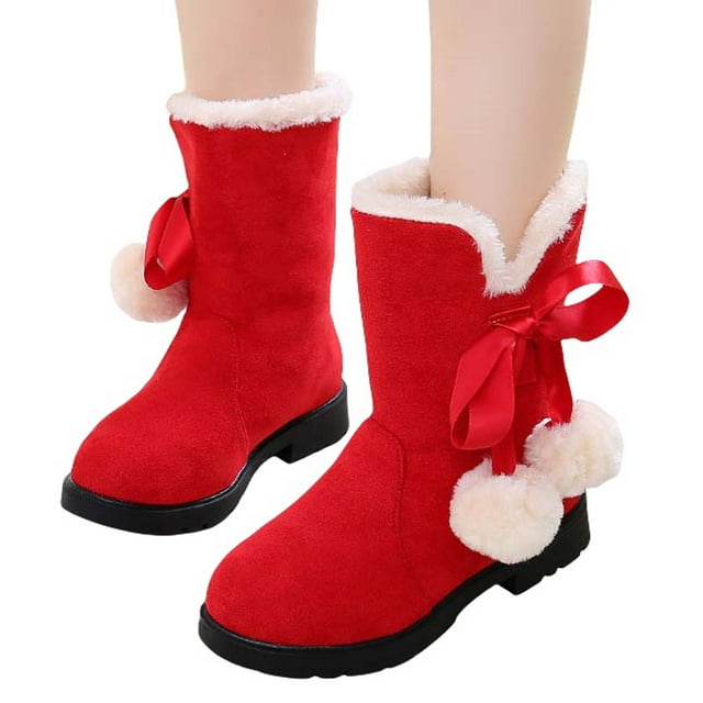 Xfvqtps Child Girls Mid Tube Boots Bow Plush Pompom Lace Sweet Cute Suede Upper Plush Lining Thickened Slip on Solid Color Non Slip Thick Bottom Warm Winter Snow Boots Red
