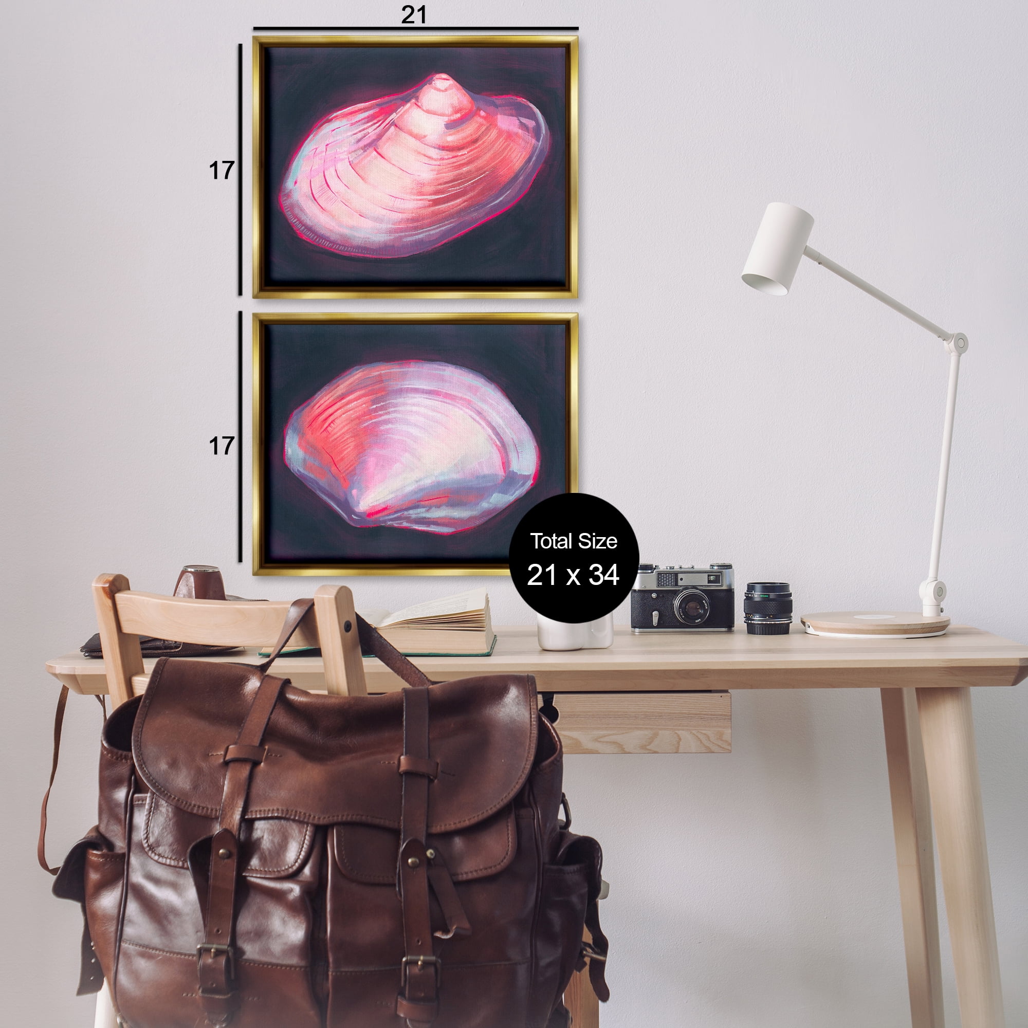 Stupell Industries Pink Clam Shells Nautical & Beach Painting Gold Floater Framed Canvas Art Print Wall Art, 21 x 17, Set of 2