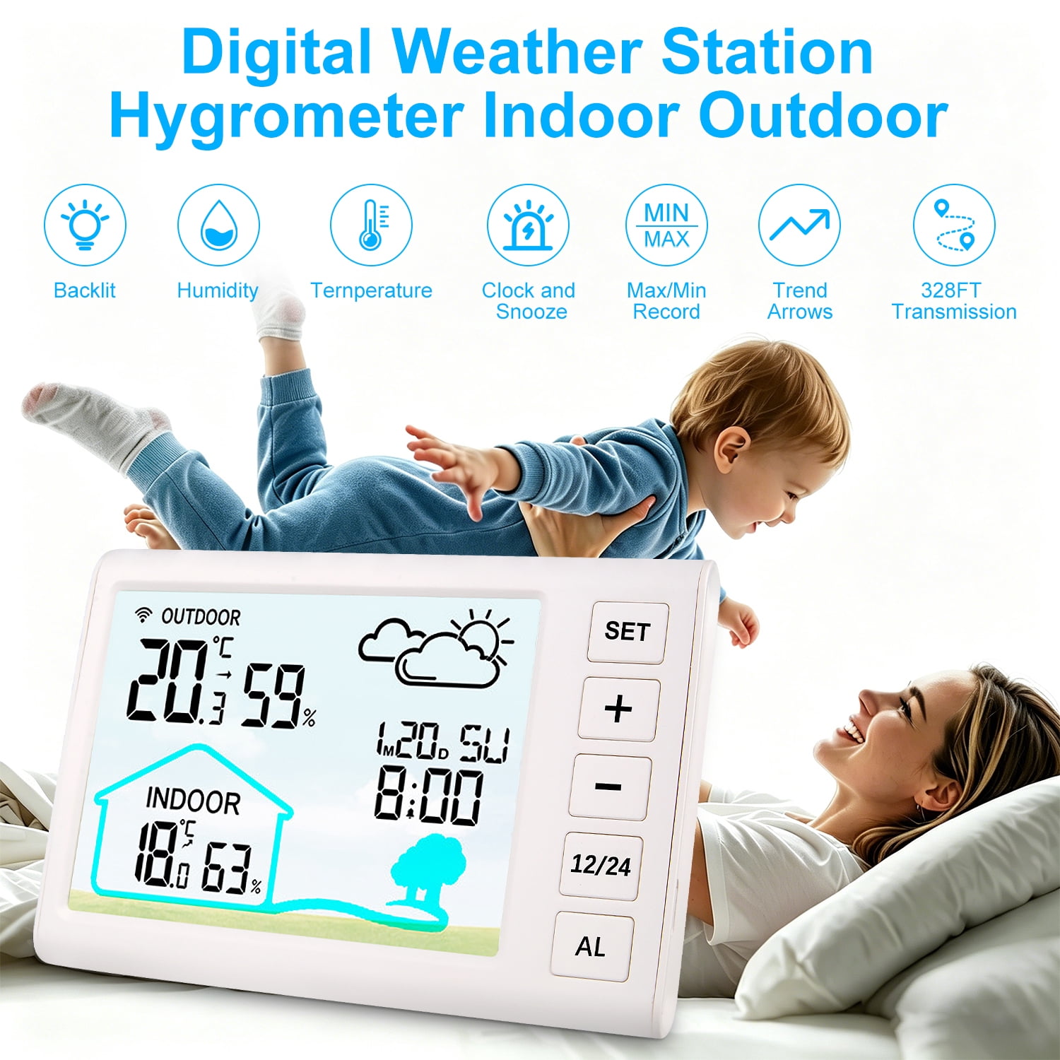 AILKIN Weather Stations for Home with Outdoor Sensor,Wireless Indoor Outdoor Thermometer Humidity Monitor,Backlight,Time/Clock Setting Forecast Weather Stations for Home Large Dispaly,White