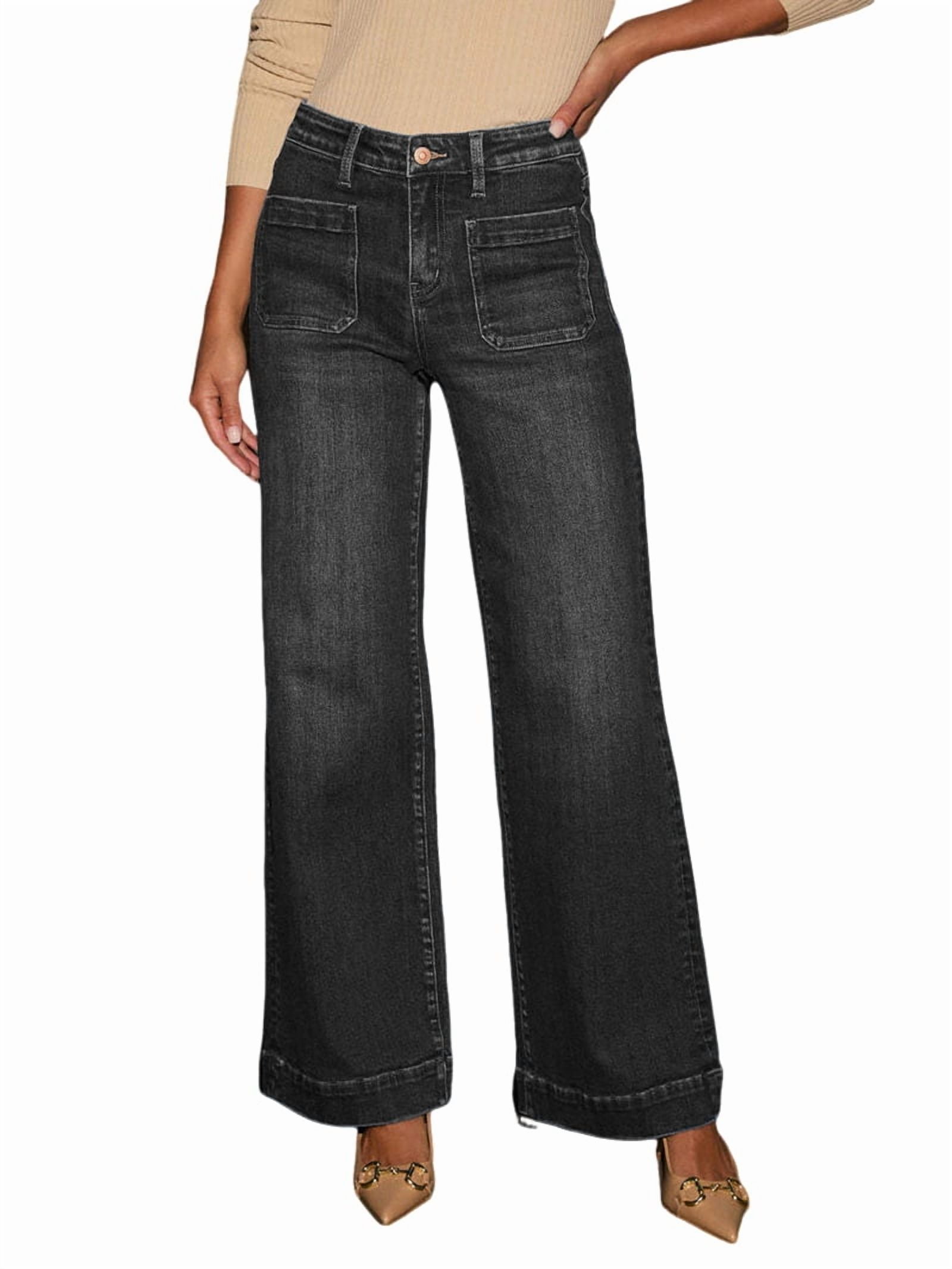 2026 - Jean à Jambes Larges à Enfiler Pour Femme, Taille Haute, Extensible, Jean Tendance Avec Jambe Droite, Pantalon D'extérieur Pour Femme 3/4, Bleu, L