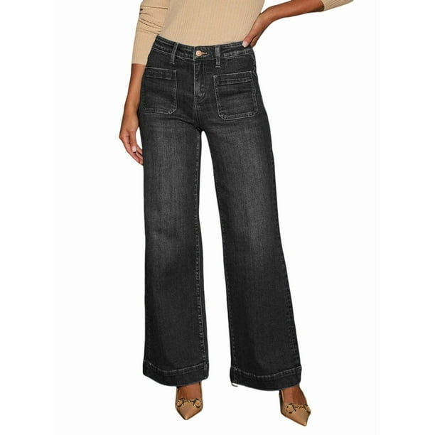 Pantalones Vaqueros de Pierna para Mujer, Cintura Alta, Rectos, Elásticos y con Bolsillos. Negro S