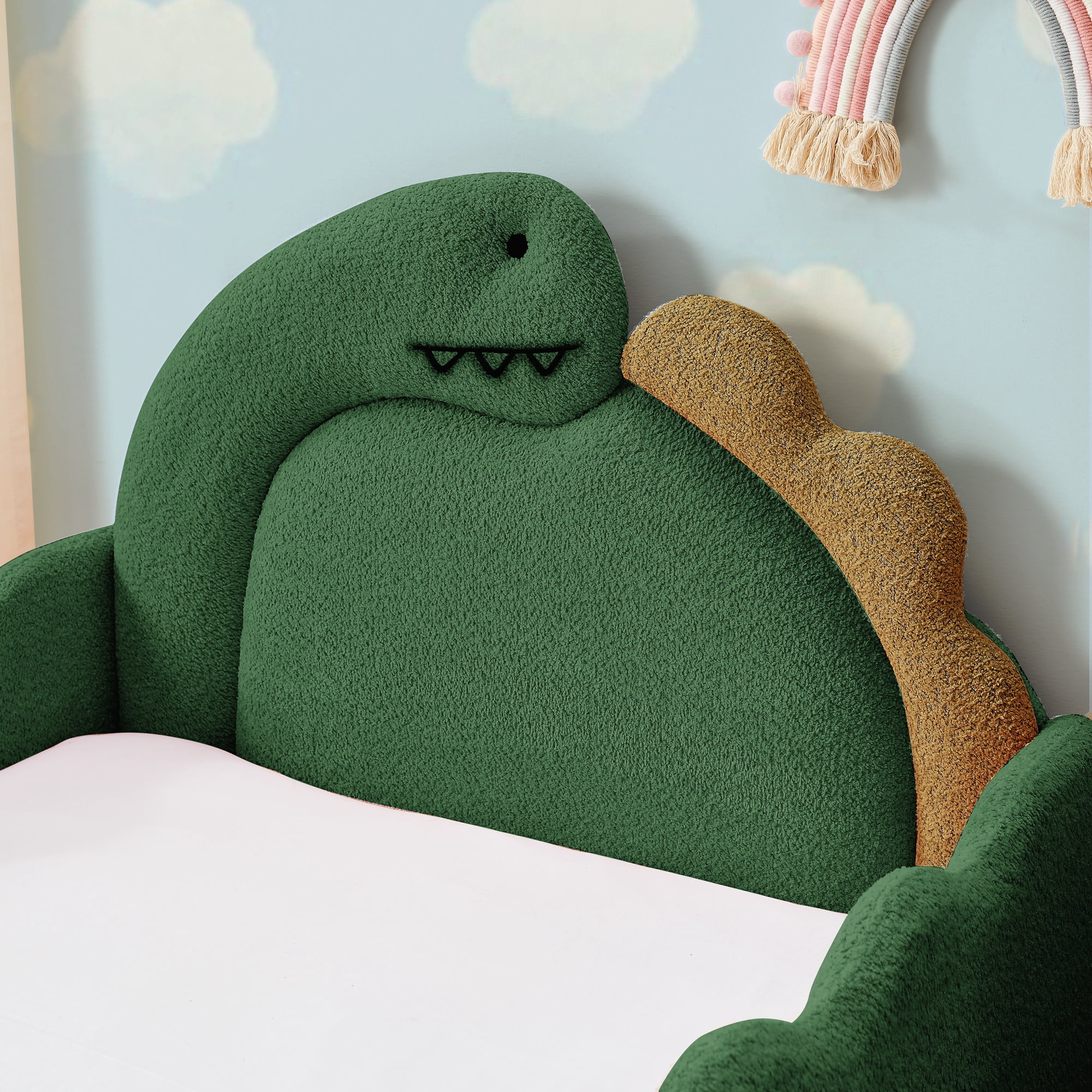 Avobird Twin Size Cute Dinosaur-Shaped Kids Bed with Safety Guardraild, Solid Wood Toddler Bed Frame for Children for Bedroom, Boucle Fabric, Blue