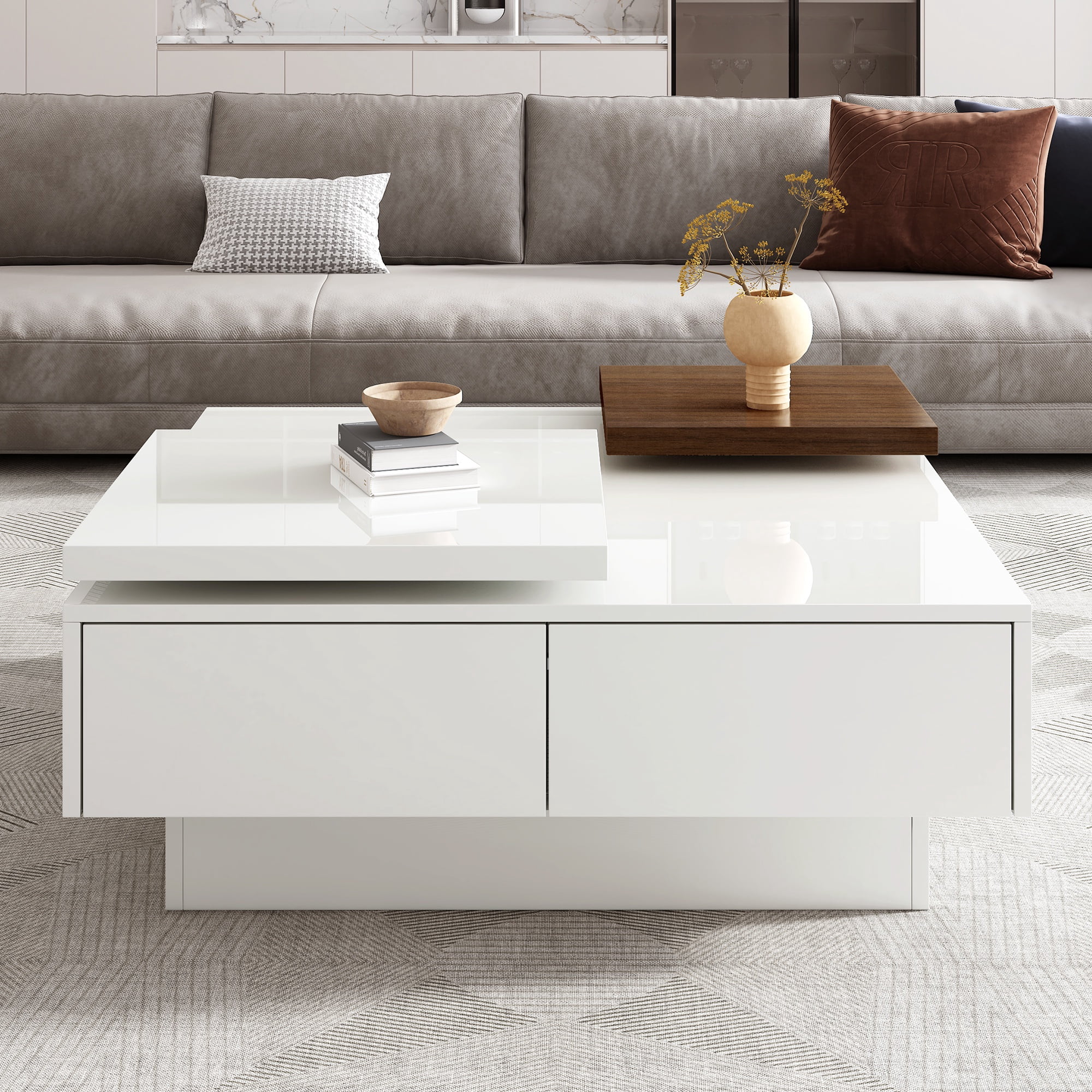 PORKISS Coffee Table, Wooden Coffee Table with Movable Top and High Gloss Finish, Freestanding Square Coffee Table with 4 Hidden Storage Drawers, Modern Cocktail Table for Living Room, White