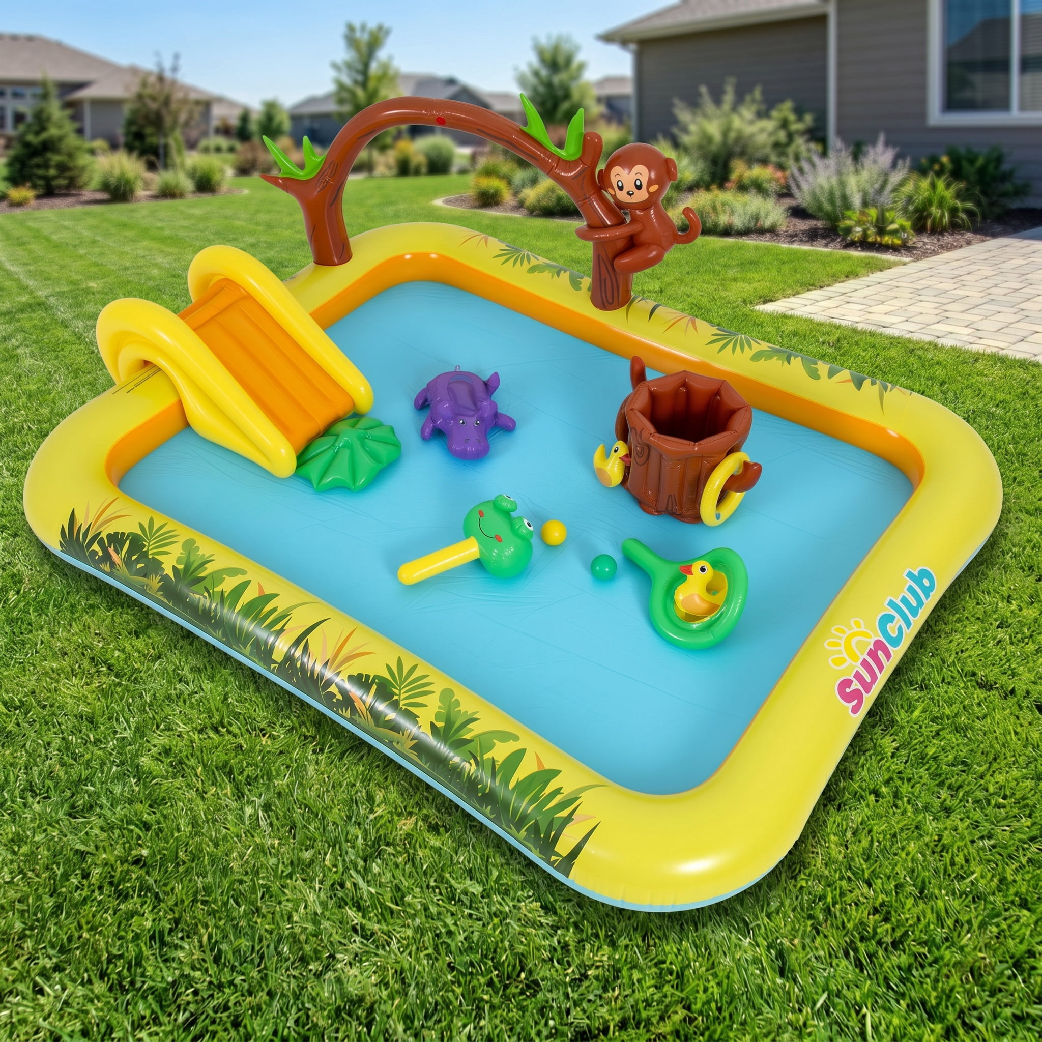 Sun Club Jungle Themed Inflatable Play Center Spray Pool with Slide, Sprinkler & Ring Toss Game, Outdoor Kids Water Play Pool for Toddlers 2-6, Backyard Summer Fun