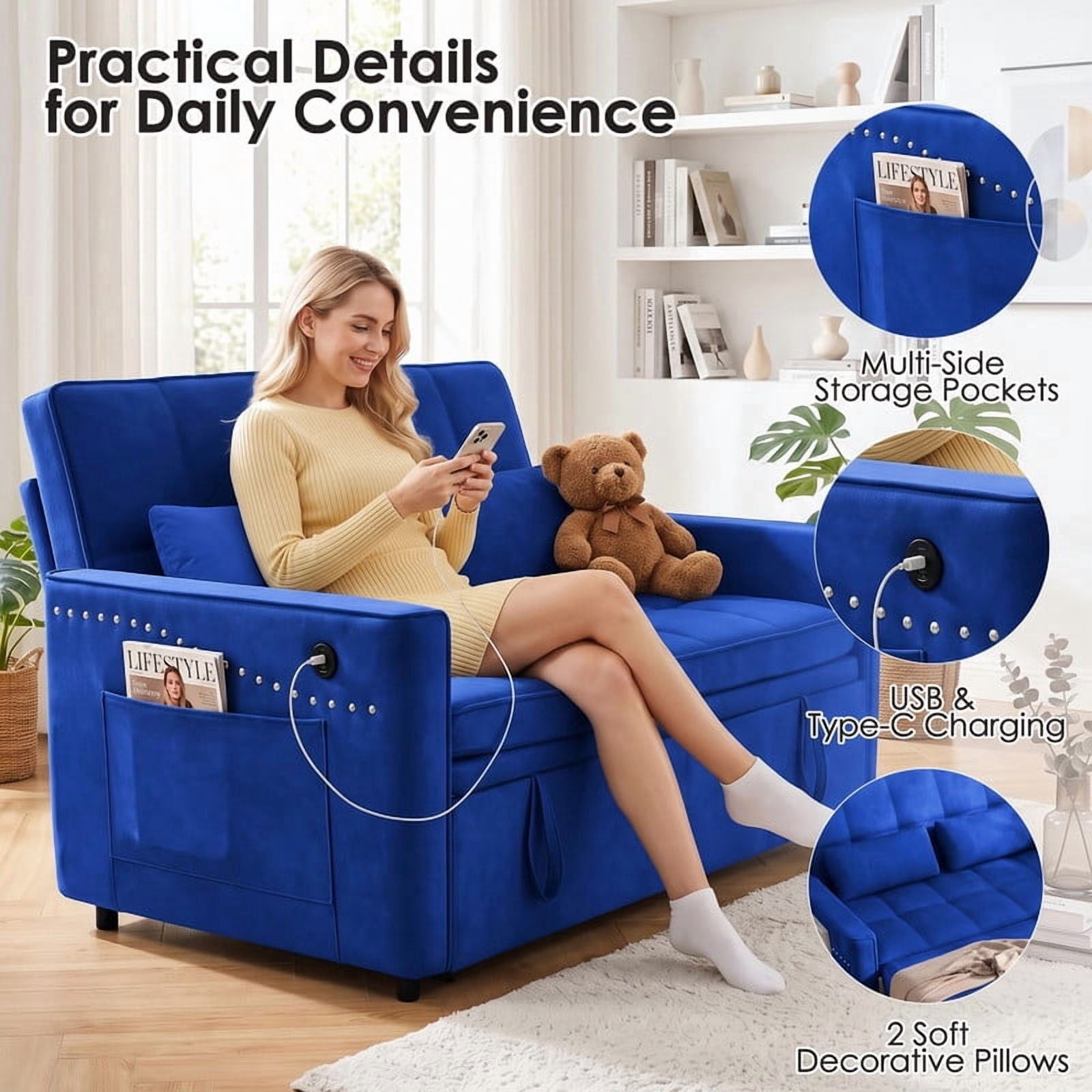 Anpport 54" 3‑in‑1 Convertible Sofa Bed, Sleeper Couch with USB Charging Port, Nailhead Trim & Throw Pillows, Loveseat for Living Room Apartment Small Space, Blue