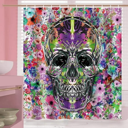 Sugar Skull Shower Curtain Liner Colorful Red Fl Flower Fabric For Bathroom With 12 Sugar Skull Shower Curtain Liner, Sugar Skull Shower Curtain Hooks