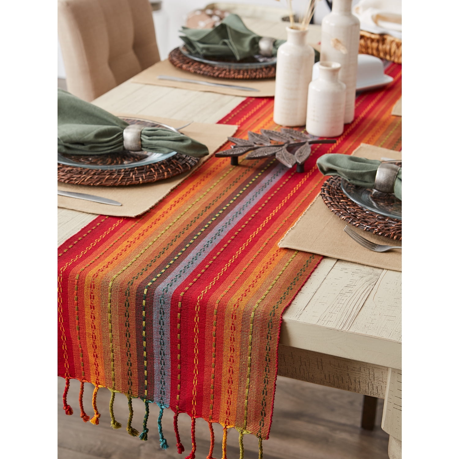 Spice Tonal Stripe With Fringe Table Runner