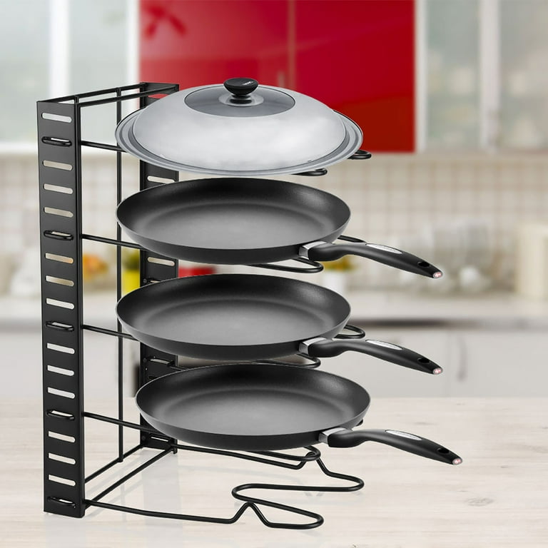 Heavy Duty Pots and Pans Organizer - For Cast Iron Skillets, Pots, Frying  Pans, Lids | 5-Tier Durable Steel Rack for Kitchen Counter & Cabinet  Storage