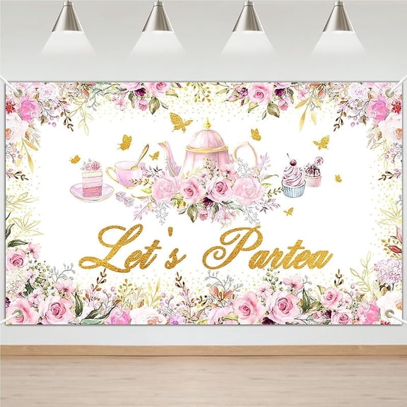 Tea Party Backdrop Floral Butterfly Glitter Let's Partea Banner Afternoon Tea Baby Shower Birthday Party Decorations 70.8 x 43.3 Inch (Pink)