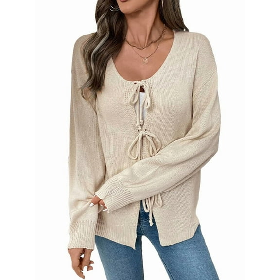 Womens Bow-Tie Front Cardigan Sweaters Fall Open Front Cardigan Cute Loose Knit Sweater  S