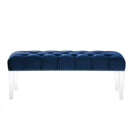Wyatt Navy Blue Velvet Upholstered Bench Acrylic Legs Nailhead