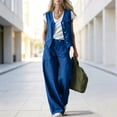 thumbnail image 2 of TEAJOPSUU Women's 2 Piece Linen Cotton Outfits Sets V Neck Button Vintage Vests Cargo Wide Leg Palazzo Pants with Pockets Matching Solid Sets Blue, 2 of 9