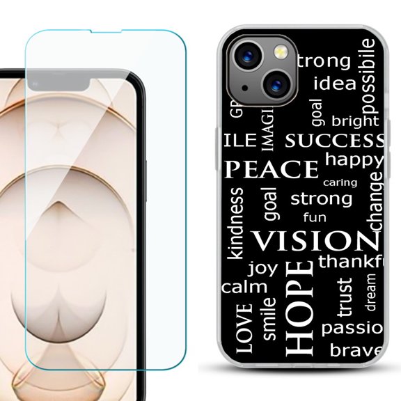 Slim-Fit Flexible TPU Gel Phone Case for iPhone 13, with Tempered Glass Screen Protector, by OneToughShield ® - Positive Words