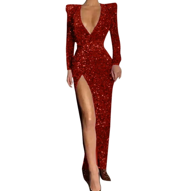 Gibobby Vestido de fiesta para mujer elegante Vestido de mujer largo, sexy, con escote en V profundo, manga larga, bordado, con lentejuelas y abertura(Rojo,XL)