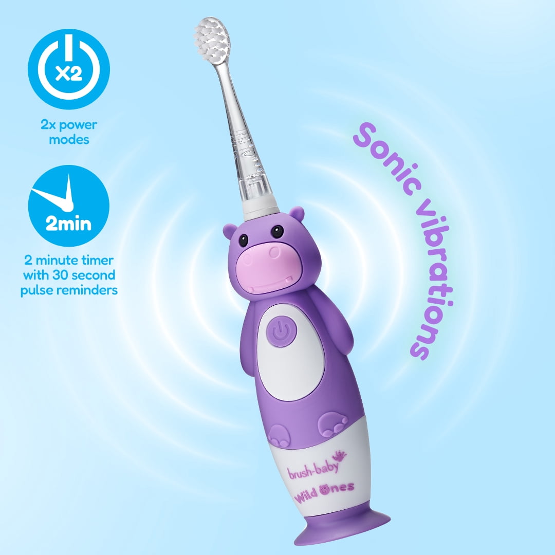 Brush-Baby WildOnes™ Rechargeable Kids Electric Toothbrush – Hippo | Flashing Lights, 2-Min Timer, Waterproof, 3 Brush Heads | Toddler & Child Toothbrush Ages 0-10 | Soft Bristles