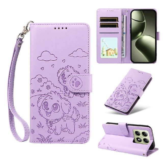 Funda Cartera GANGXUN con Diseño de Perrito en Relieve para Xiaomi 14T , Protección 360° con Ranuras y Correa Desmontable