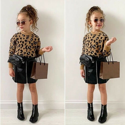 2pcs Toddler Girl Winter/Fall Clothing Woolen Sweater+Leopard Skirt Kids Outfits 
