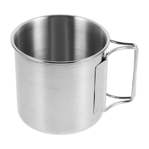 Taza de acero inoxidable para acampar al aire libre con asa plegable, ideal para mochileros, senderismo, caza, pesca y aventuras, color plateado