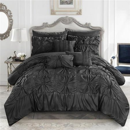 Designer Bed Set - Chic Home CS3586-US Scofield Floral Pinch Pleat Ruffled Designer Embellished Bed in a Bag Comforter Set with Sheets - Black - Queen - 10 Piece