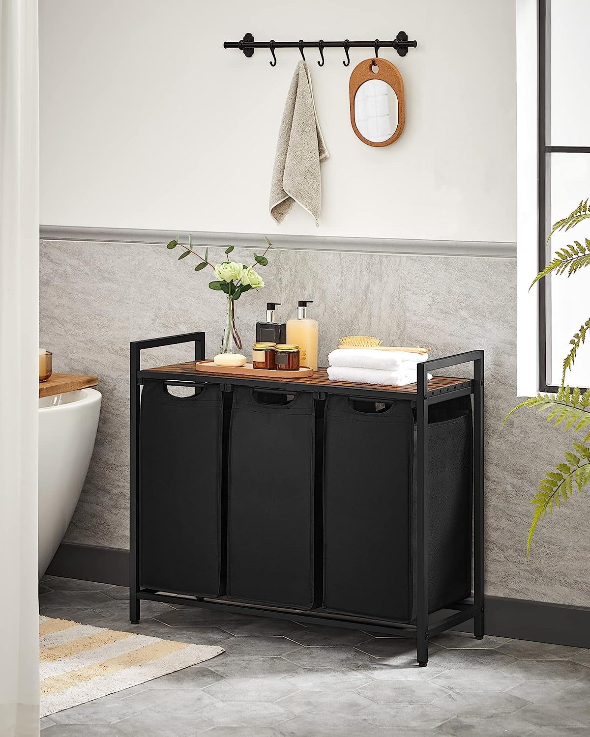 Laundry Hamper, 3 X 45L Laundry Bags & 2 Tier Adjustable Storage Shelf, Pull-Out and Removable Oxford Fabric Laundry Baskets, for Home/Hotel Black